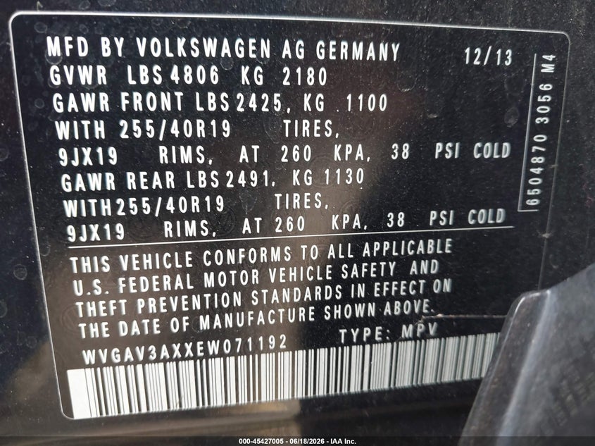 2014 Volkswagen Tiguan VIN WVGAV3AXXEW071192 IAAI salvage auction — FRONT END, Salvage (California), sold $1,500 on 2026-07-08 (photo 9)