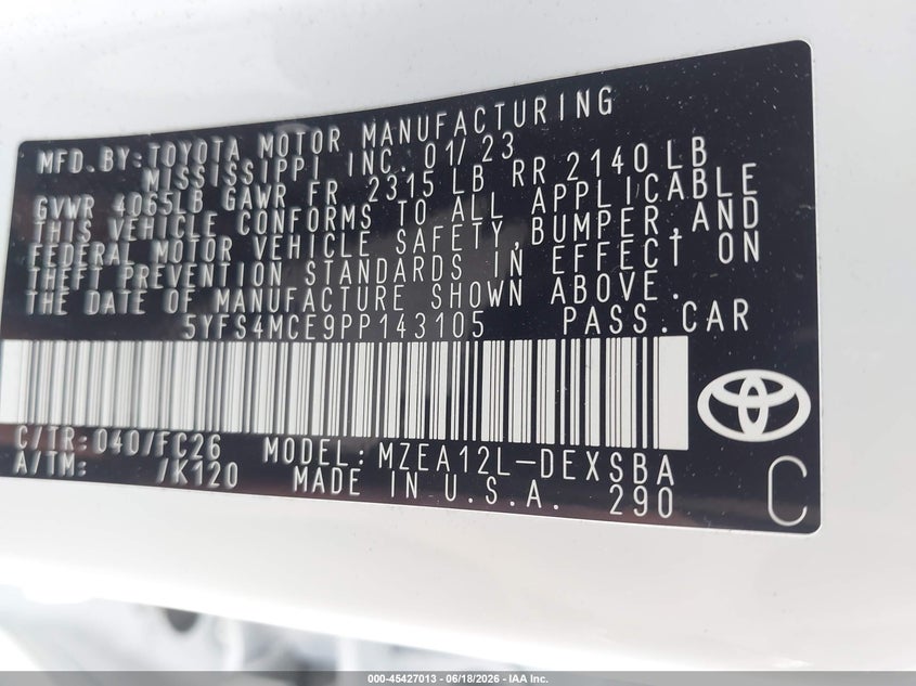 2023 Toyota Corolla VIN 5YFS4MCE9PP143105 IAAI salvage auction — REAR END, Salvage (California), sold $5,100 on 2026-07-29 (photo 9)