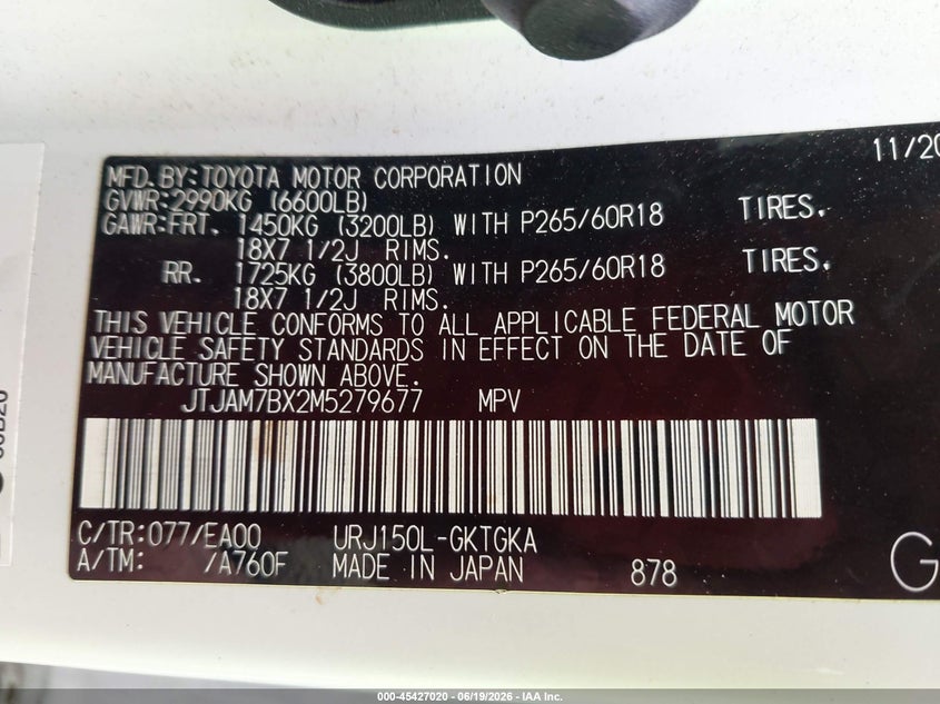 2021 Lexus Gx VIN JTJAM7BX2M5279677 IAAI salvage auction — FRONT END, Clear (Alabama), sold $8,100 on 2026-07-31 (photo 9)
