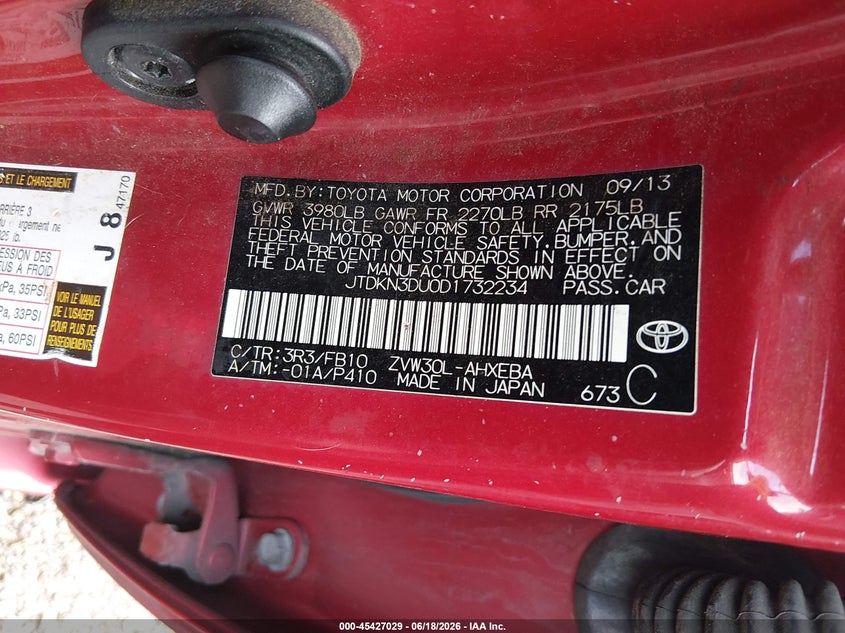 2013 Toyota Prius VIN JTDKN3DU0D1732234 IAAI salvage auction — NORMAL WEAR, Original (Ohio), sold $550 on 2026-07-30 (photo 9)