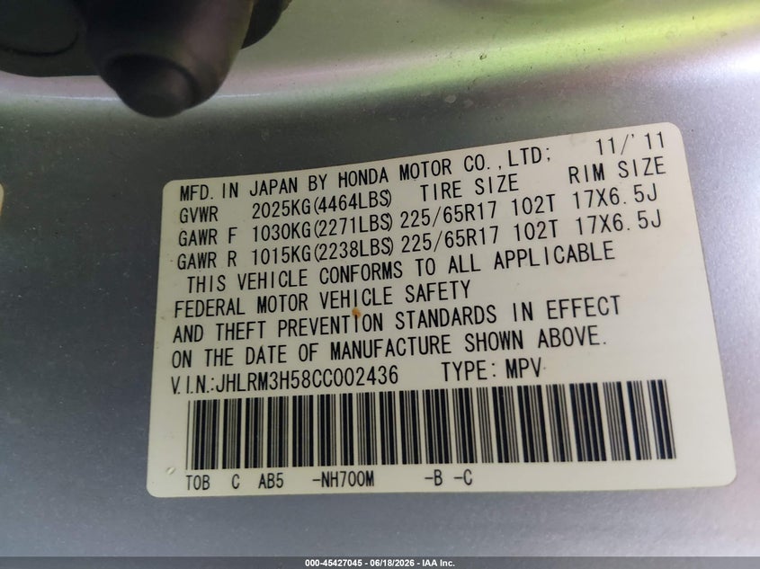 2012 Honda Cr-v VIN JHLRM3H58CC002436 IAAI salvage auction — REAR END, Salvage (Arizona), sold $2,650 on 2026-07-14 (photo 9)