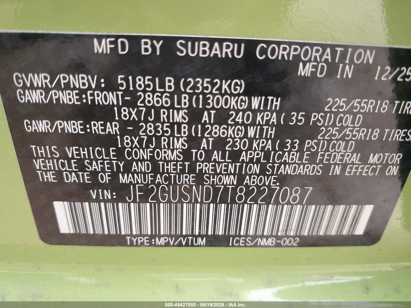 2026 Subaru Xv VIN JF2GUSND7T8227087 IAAI salvage auction — LEFT FRONT, Salvage (Texas), sold $12,300 on 2026-08-02 (photo 9)