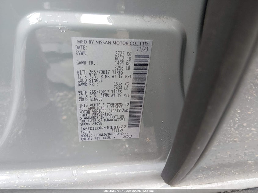 2024 Nissan Navara (frontier) VIN 1N6ED1EK0RN618877 IAAI salvage auction — REAR END, Salvage Title, sold $13,100 on 2026-08-01 (photo 9)