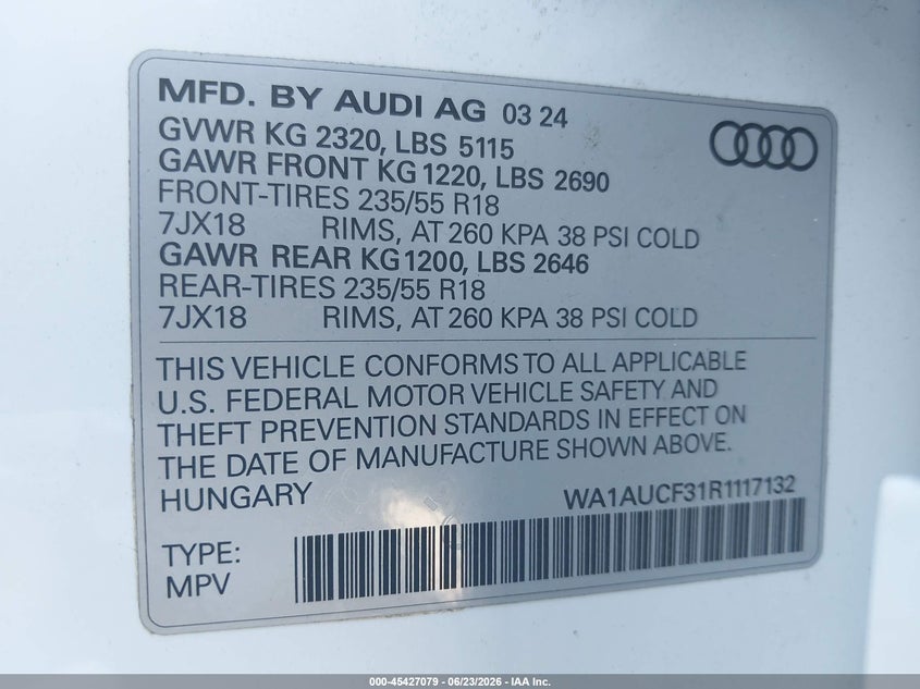 2024 Audi Q3 VIN WA1AUCF31R1117132 IAAI salvage auction — LEFT FRONT, Salvage Title, sold $7,300 on 2026-08-20 (photo 9)