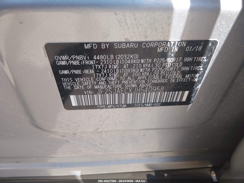 2018 Subaru Forester VIN JF2SJAECXJH540958 IAAI salvage auction — FRONT END, Salvage (Wyoming), sold $950 on 2026-07-28 (photo 9)