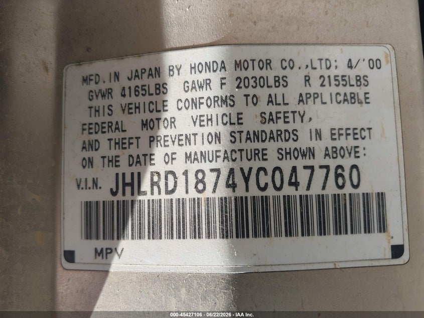2000 Honda Cr-v VIN JHLRD1874YC047760 IAAI salvage auction — LEFT REAR, Salvage (California), sold $275 on 2026-07-30 (photo 9)