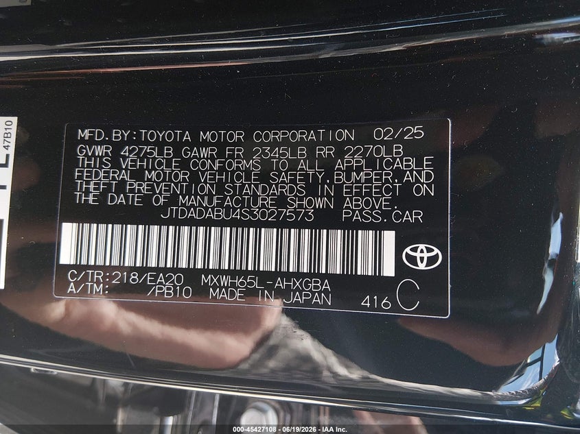 2025 Toyota Prius VIN JTDADABU4S3027573 IAAI salvage auction — FRONT END, Bill Of Sale (Washington), sold $11,100 on 2026-07-05 (photo 9)
