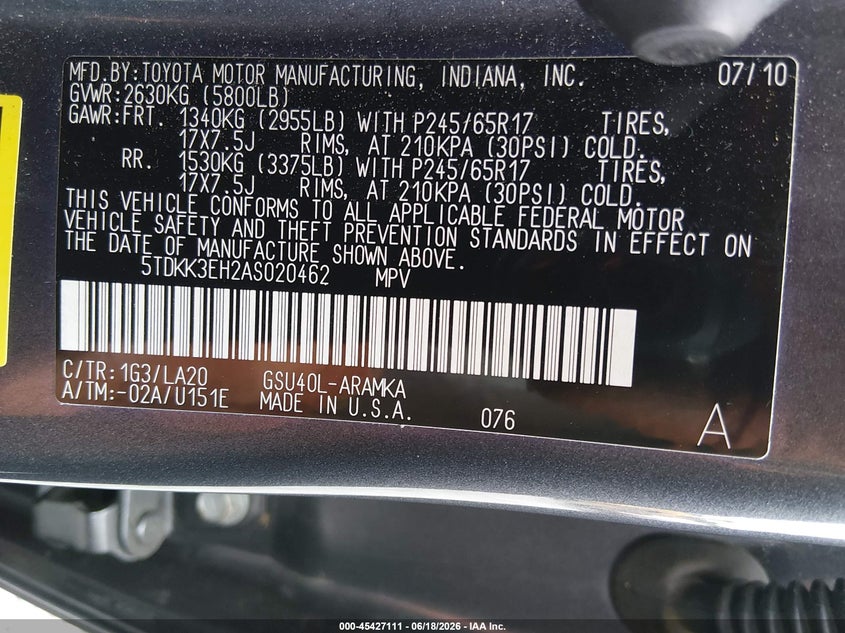 2010 Toyota Highlander VIN 5TDKK3EH2AS020462 IAAI salvage auction — LEFT REAR, Salvage (Tennessee), sold $2,100 on 2026-07-23 (photo 9)