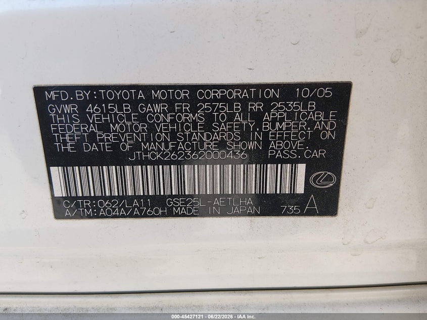 2006 Lexus Is 250 VIN JTHCK262362000436 IAAI salvage auction — SIDE, Salvage (North Carolina), sold $950 on 2026-07-08 (photo 9)