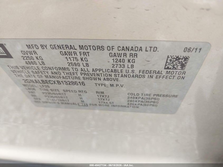 2011 Chevrolet Equinox VIN 2GNALBECXB1328616 IAAI salvage auction — NORMAL WEAR, Clear (Indiana), sold $825 on 2026-07-29 (photo 9)