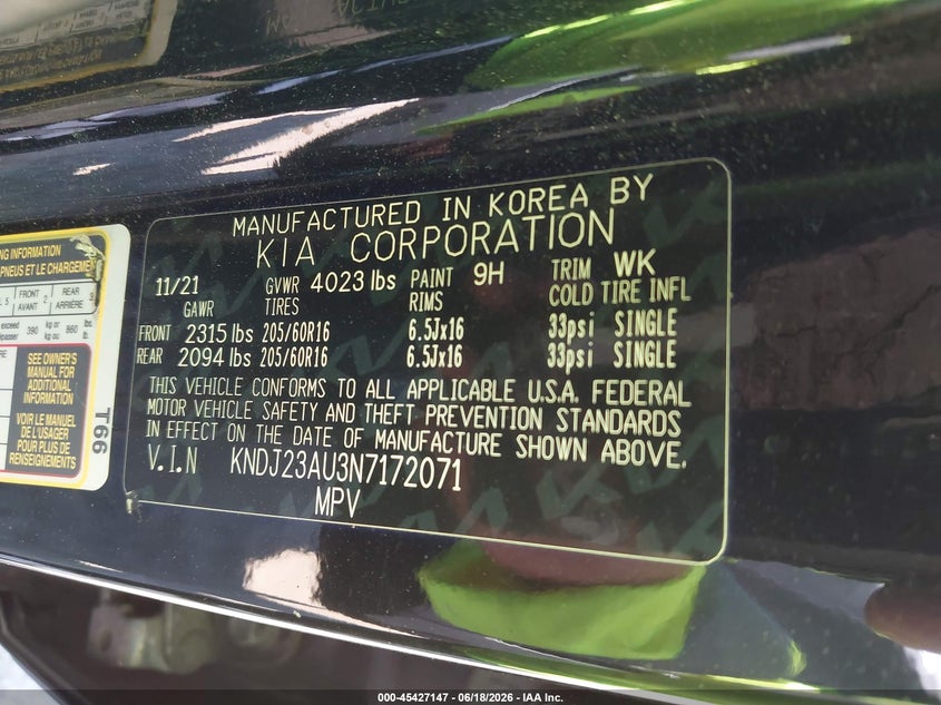 2022 Kia Soul VIN KNDJ23AU3N7172071 IAAI salvage auction — FRONT END, Bill Of Sale (Washington), sold $2,100 on 2026-07-14 (photo 9)