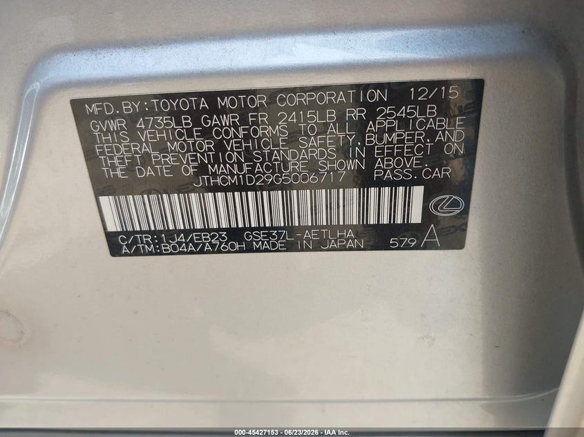 2016 Lexus Is VIN JTHCM1D29G5006717 IAAI salvage auction — FRONT END, Bill Of Sale (Washington), sold $25 on 2026-07-28 (photo 9)