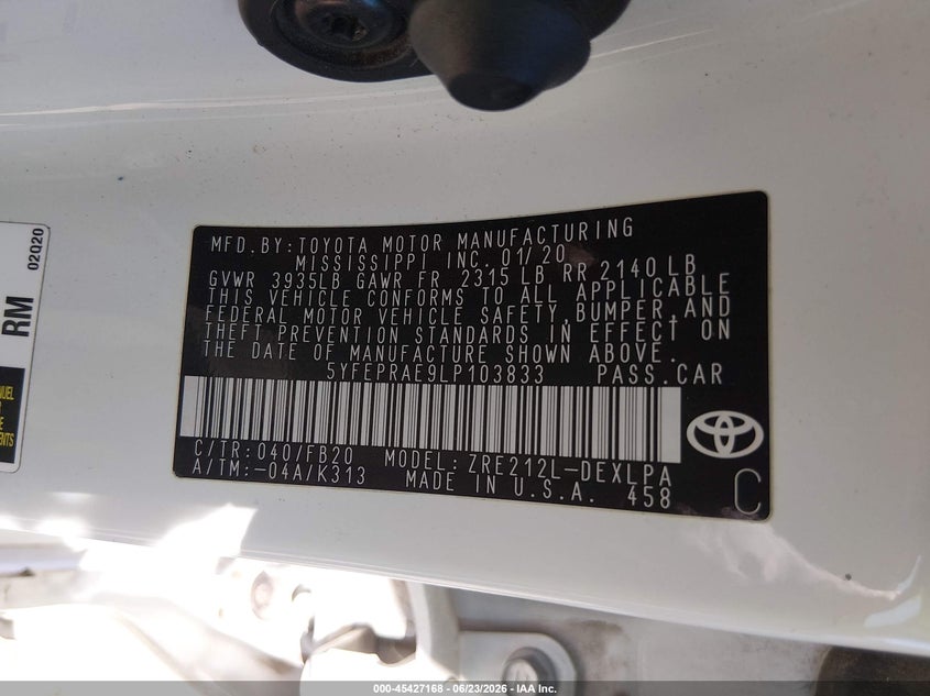 2020 Toyota Corolla VIN 5YFEPRAE9LP103833 IAAI salvage auction — FRONT END, Salvage Title, sold $6,900 on 2026-07-23 (photo 9)
