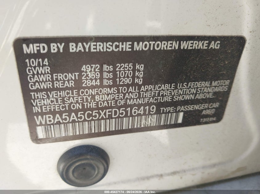 2015 BMW 5er VIN WBA5A5C5XFD516419 IAAI salvage auction — NORMAL WEAR, Clear - Dealer Only (California), sold $525 on 2026-07-09 (photo 9)