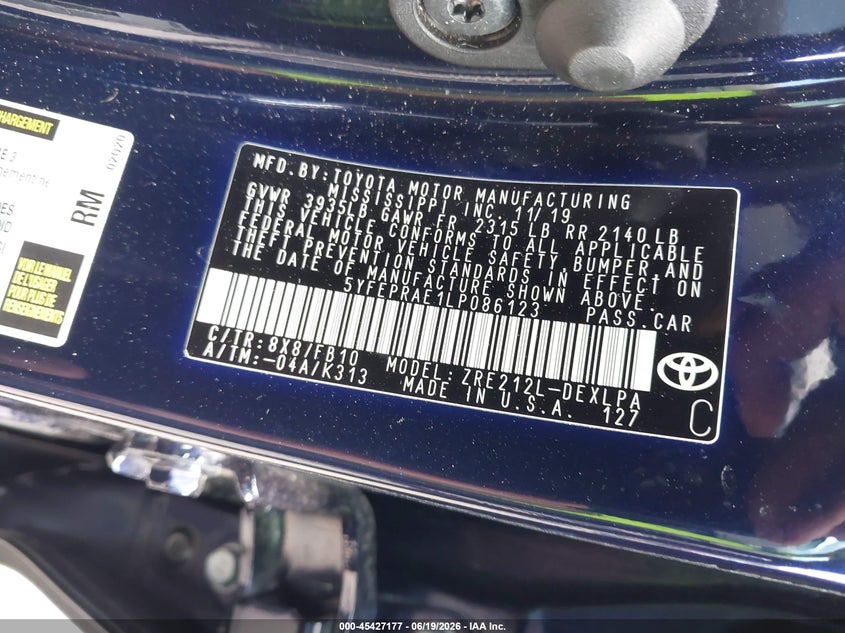 2020 Toyota Corolla VIN 5YFEPRAE1LP086123 IAAI salvage auction — FRONT END, Salvage Title, sold $3,850 on 2026-07-27 (photo 9)