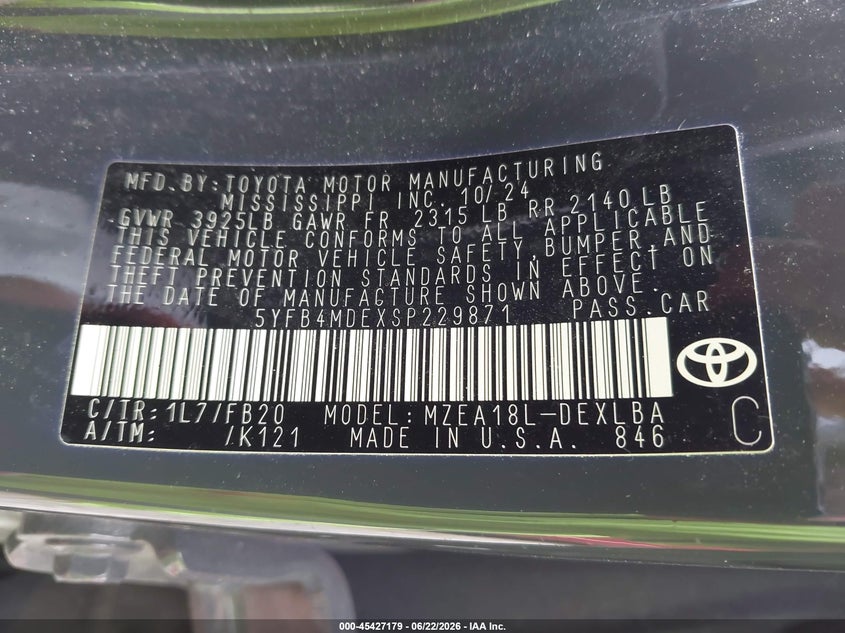 2025 Toyota Corolla VIN 5YFB4MDEXSP229871 IAAI salvage auction — FRONT END, Salvage (Mississippi), sold $250 on 2026-07-17 (photo 9)