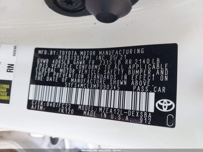 2021 Toyota Corolla VIN 5YFS4MCEXMP090345 IAAI salvage auction — REAR END, Salvage (Louisiana), sold $7,050 on 2026-07-20 (photo 9)