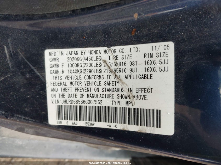 2006 Honda Cr-v VIN JHLRD68586C007562 IAAI salvage auction — NORMAL WEAR, Clear (New York), sold $575 on 2026-07-28 (photo 9)