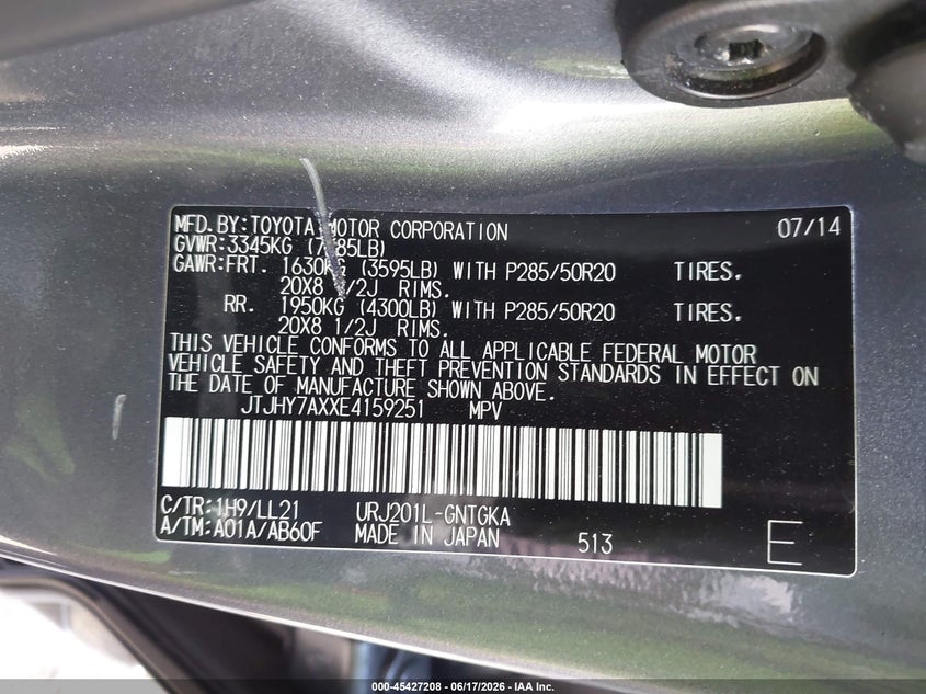 2014 Lexus Lx VIN JTJHY7AXXE4159251 IAAI salvage auction — LEFT FRONT, Rebuilt (Washington), sold $20,100 on 2026-07-14 (photo 9)