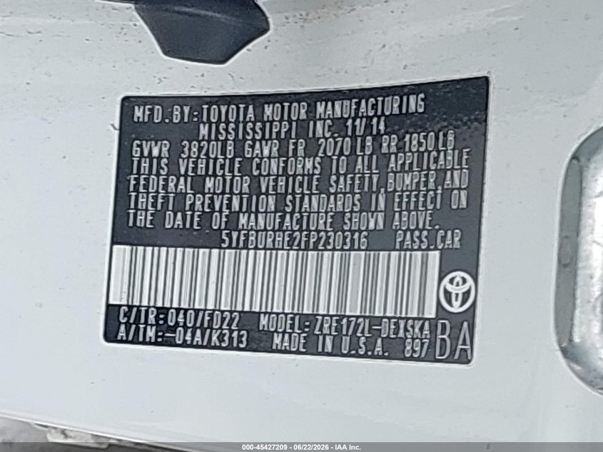 2015 Toyota Corolla VIN 5YFBURHE2FP230316 IAAI salvage auction — FRONT END, Clear (Indiana), sold $1,700 on 2026-07-17 (photo 9)