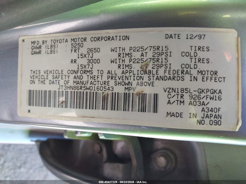 1998 Toyota 4runner VIN JT3HN86R5W0160543 IAAI salvage auction — LEFT FRONT, Bill Of Sale (Washington), sold $875 on 2026-07-28 (photo 9)