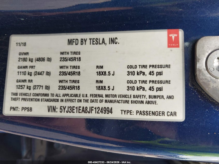 2018 Tesla Model 3 VIN 5YJ3E1EA8JF124994 IAAI salvage auction — STORM DAMAGE, Rebuildable (Florida), sold $3,800 on 2026-07-21 (photo 9)