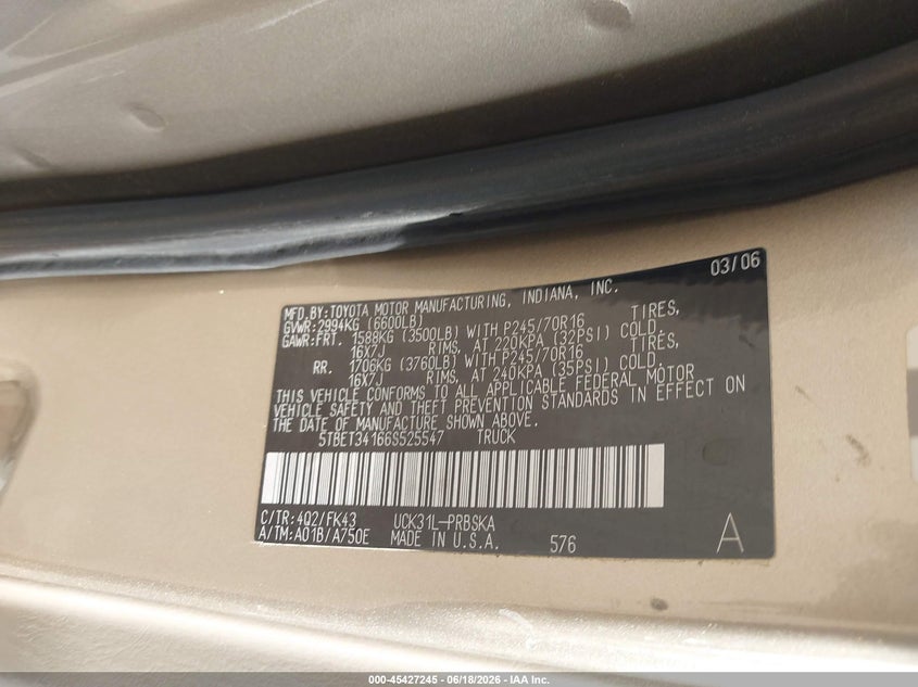 2006 Toyota Tundra VIN 5TBET34166S525547 IAAI salvage auction — HAIL, Rebuilt (Oklahoma), sold $4,100 on 2026-08-01 (photo 9)