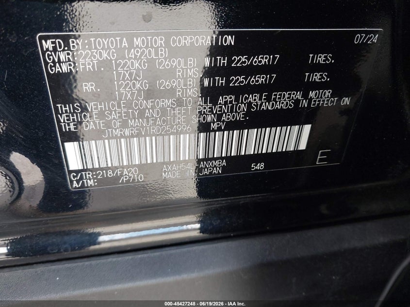 2024 Toyota Rav 4 VIN JTMRWRFV1RD254996 IAAI salvage auction — REAR END, Salvage (California), sold $15,550 on 2026-07-06 (photo 9)