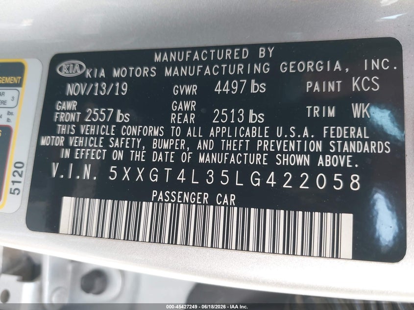 2020 Kia Optima VIN 5XXGT4L35LG422058 IAAI salvage auction — NORMAL WEAR, Salvage Title - Dealer (California), sold $3,375 on 2026-07-28 (photo 9)