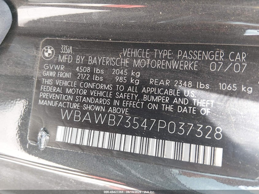 2007 BMW 3 series VIN WBAWB73547P037328 IAAI salvage auction — NORMAL WEAR, Original (Texas), sold $725 on 2026-07-13 (photo 9)