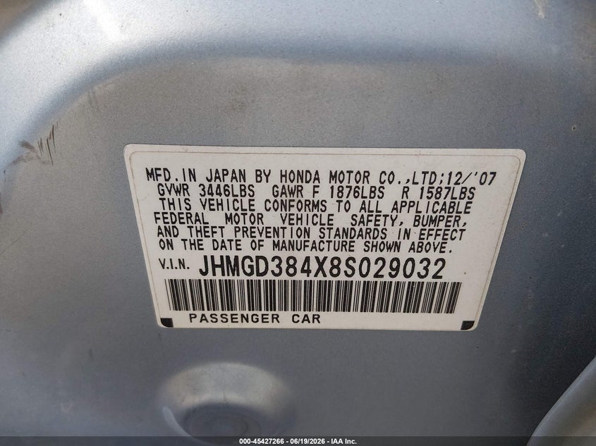 2008 Honda Fit VIN JHMGD384X8S029032 IAAI salvage auction — FRONT END, Certificate Of Title (Nebraska), sold $25 on 2026-07-16 (photo 9)