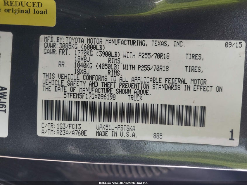 2016 Toyota Tundra VIN 5TFEM5F17GX096198 IAAI salvage auction — FRONT END, Original (Texas), sold $4,950 on 2026-07-24 (photo 9)