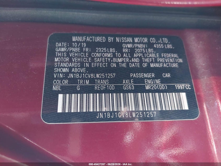 2020 Nissan Rogue VIN JN1BJ1CV8LW251257 IAAI salvage auction — FRONT END, Salvage Title, sold $3,850 on 2026-07-22 (photo 9)