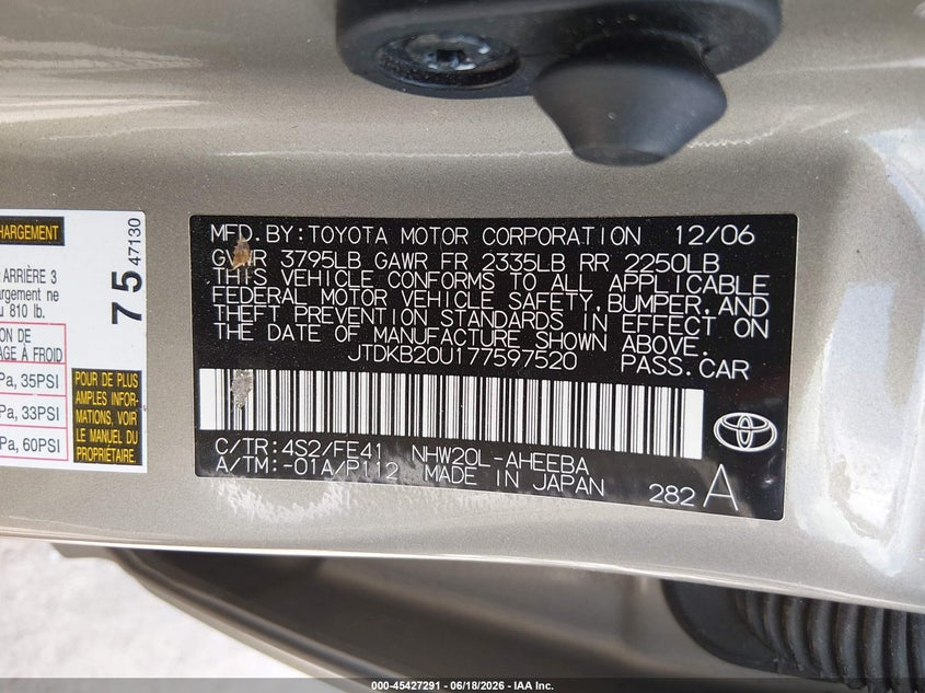 2007 Toyota Prius VIN JTDKB20U177597520 IAAI salvage auction — NORMAL WEAR, Clear-Dealer Only (North Carolina), sold $650 on 2026-07-29 (photo 9)