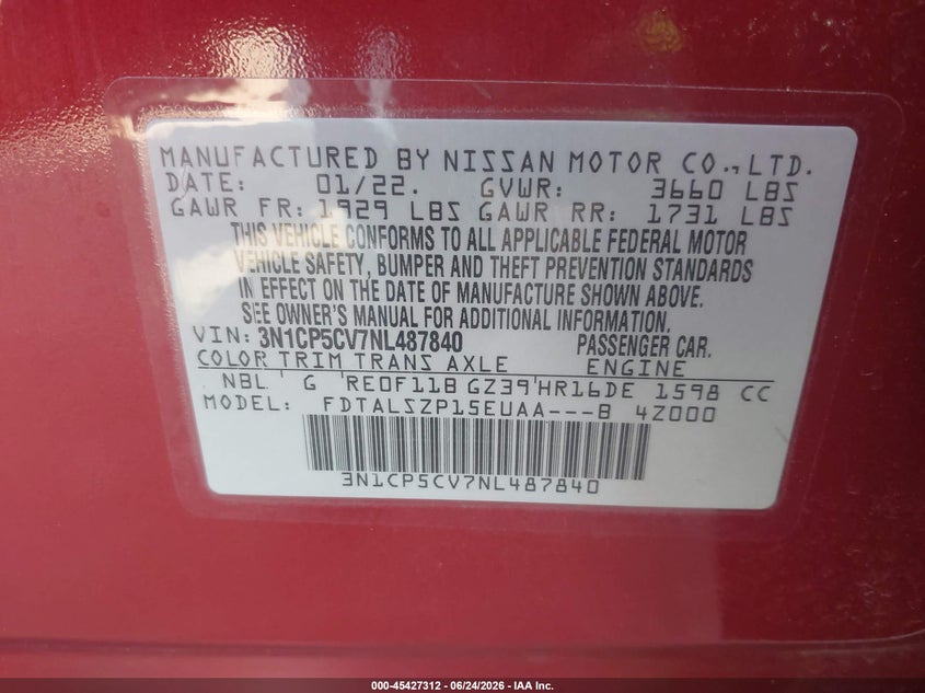2022 Nissan Kicks VIN 3N1CP5CV7NL487840 IAAI salvage auction — FRONT END, Bill Of Sale (Washington), sold $3,350 on 2026-07-06 (photo 9)