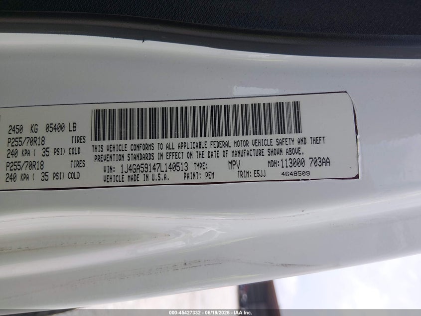 2007 Jeep Wrangler unlimited VIN 1J4GA59147L140513 IAAI salvage auction — SIDE, Salvage (Mississippi), sold $2,150 on 2026-07-12 (photo 9)