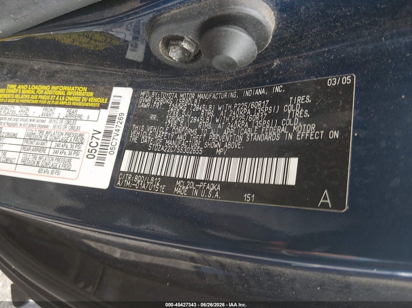 2005 Toyota Sienna VIN 5TDZA22C75S302655 IAAI salvage auction — NORMAL WEAR, Clear (New Jersey), sold $575 on 2026-07-29 (photo 9)