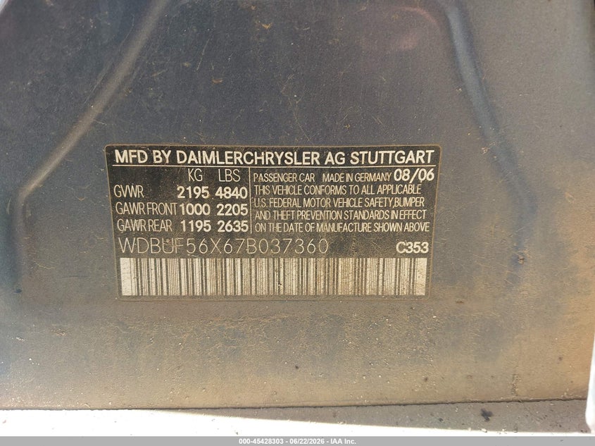 2007 Mercedes-benz E-class VIN WDBUF56X67B037360 IAAI salvage auction — NORMAL WEAR, Repossession Paperwork (Georgia), sold $775 on 2026-07-31 (photo 9)