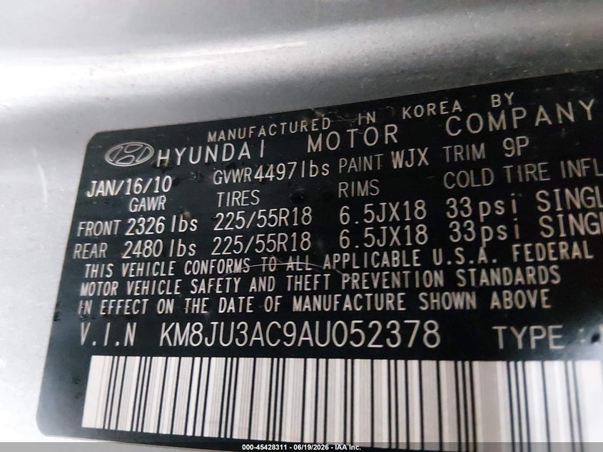 2010 Hyundai Tucson VIN KM8JU3AC9AU052378 IAAI salvage auction — NORMAL WEAR, Original (Texas), sold $1,450 on 2026-07-29 (photo 9)