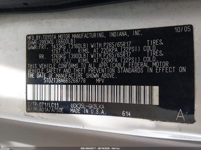 2006 Toyota Sequoia VIN 5TDZT38A66S268778 IAAI salvage auction — NORMAL WEAR, Repossession Paperwork (South Carolina), sold $1,000 on 2026-07-29 (photo 9)