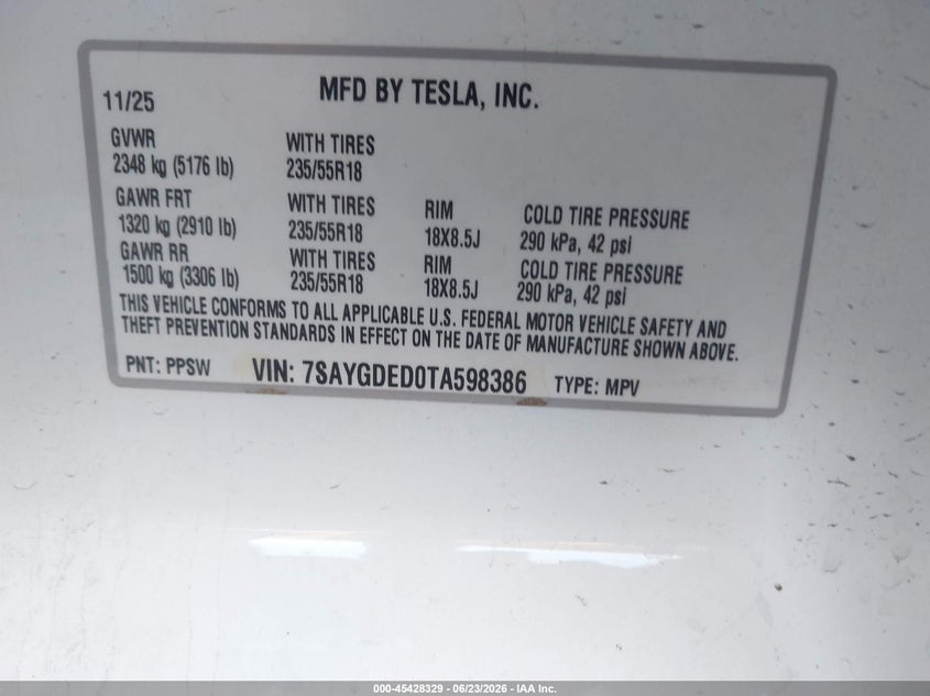 2026 Tesla Model y VIN 7SAYGDED0TA598386 IAAI salvage auction — UNKNOWN, Salvage Title, sold $22,150 on 2026-08-01 (photo 9)