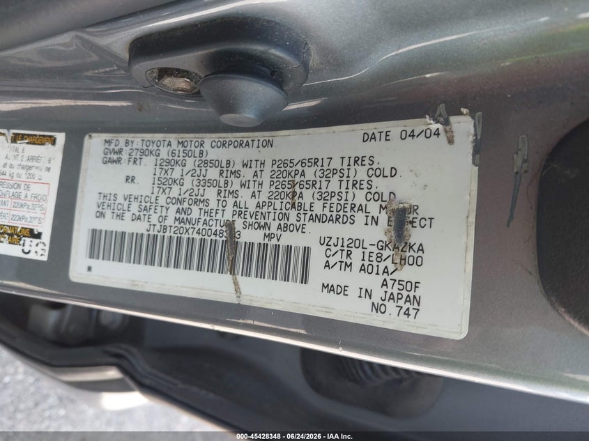 2004 Lexus Gx 470 VIN JTJBT20X740048333 IAAI salvage auction — NORMAL WEAR, Clear (Alabama), sold $2,650 on 2026-07-08 (photo 9)