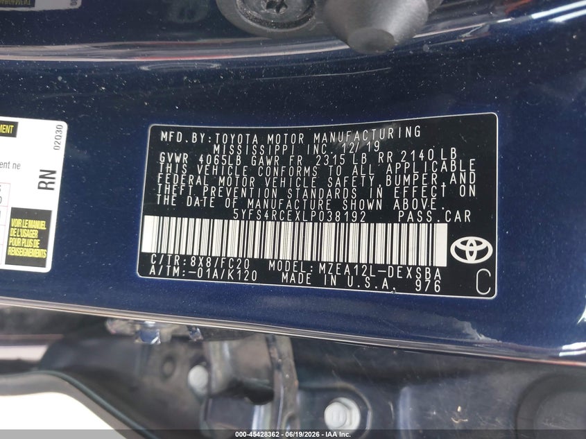 2020 Toyota Corolla VIN 5YFS4RCEXLP038192 IAAI salvage auction — FRONT END, Salvage (Tennessee), sold $750 on 2026-07-10 (photo 9)