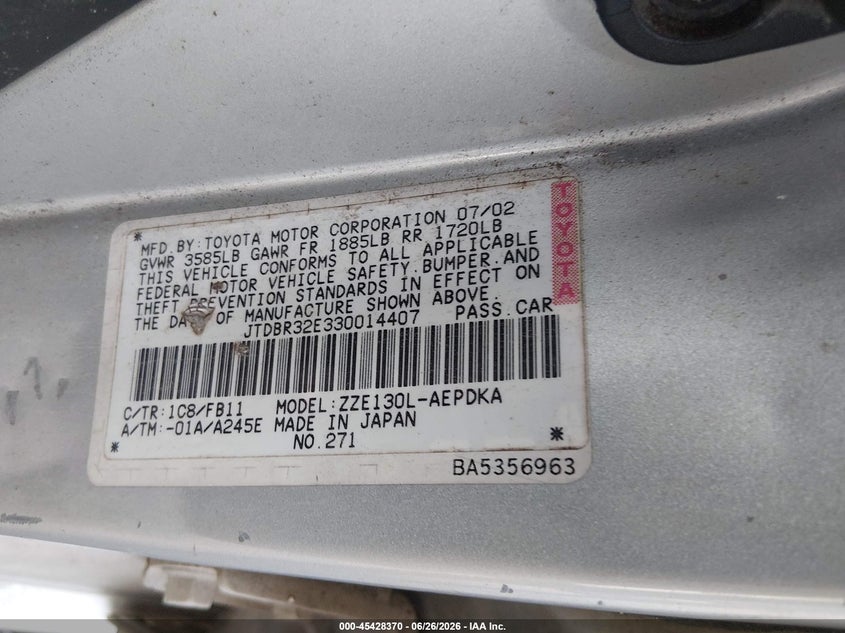 2003 Toyota Corolla VIN JTDBR32E330014407 IAAI salvage auction — NORMAL WEAR, Repossession Paperwork (Georgia), sold $350 on 2026-07-20 (photo 9)