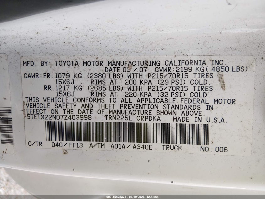 2007 Toyota Tacoma VIN 5TETX22N07Z403998 IAAI salvage auction — NORMAL WEAR, Original (Texas), sold $3,500 on 2026-07-08 (photo 9)