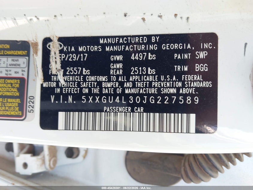 2018 Kia Optima VIN 5XXGU4L30JG227589 IAAI salvage auction — NORMAL WEAR, Original (Texas), sold $3,075 on 2026-07-14 (photo 9)