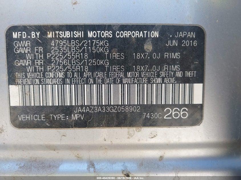 2016 Mitsubishi Outlander VIN JA4AZ3A33GZ058902 IAAI salvage auction — FRONT END, Salvage Title, sold $2,350 on 2026-07-16 (photo 9)