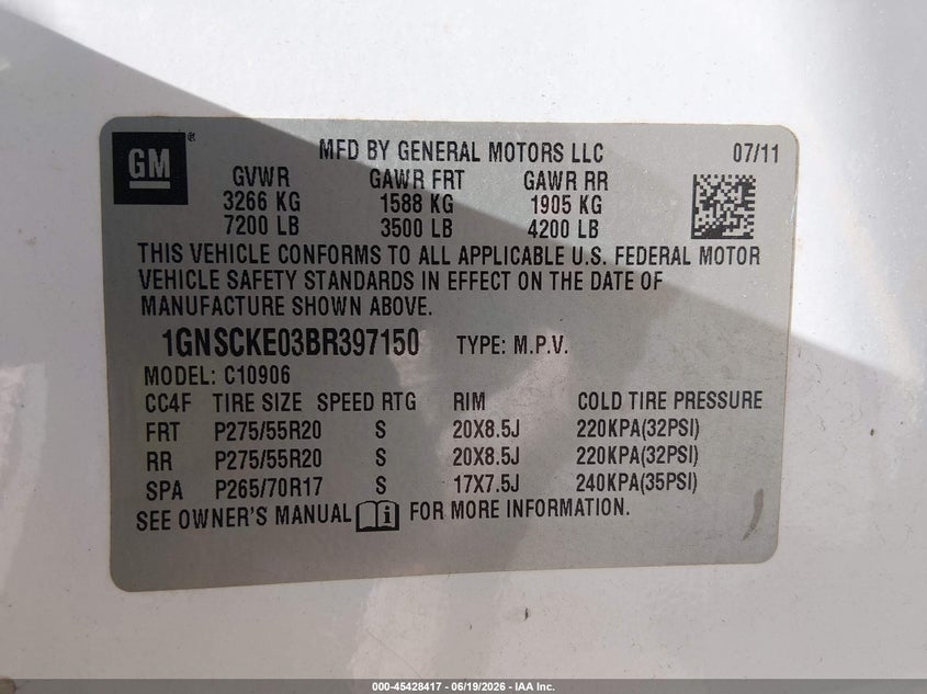 2011 Chevrolet Suburban 1500 VIN 1GNSCKE03BR397150 IAAI salvage auction — NORMAL WEAR, Repossession Paperwork (South Carolina), sold $25 on 2026-07-08 (photo 9)