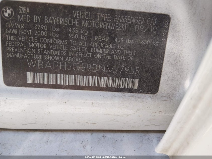 2011 BMW 3 series VIN WBAPH5G59BNM77955 IAAI salvage auction — NORMAL WEAR, Original (Texas), sold $600 on 2026-07-20 (photo 9)