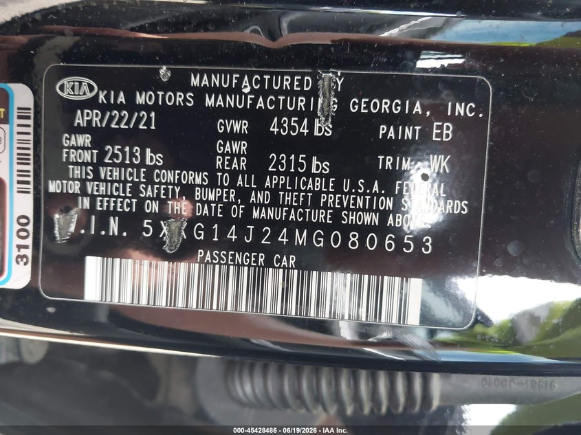 2021 Kia K5 VIN 5XXG14J24MG080653 IAAI salvage auction — LEFT FRONT, Salvage Title, sold $925 on 2026-07-28 (photo 9)